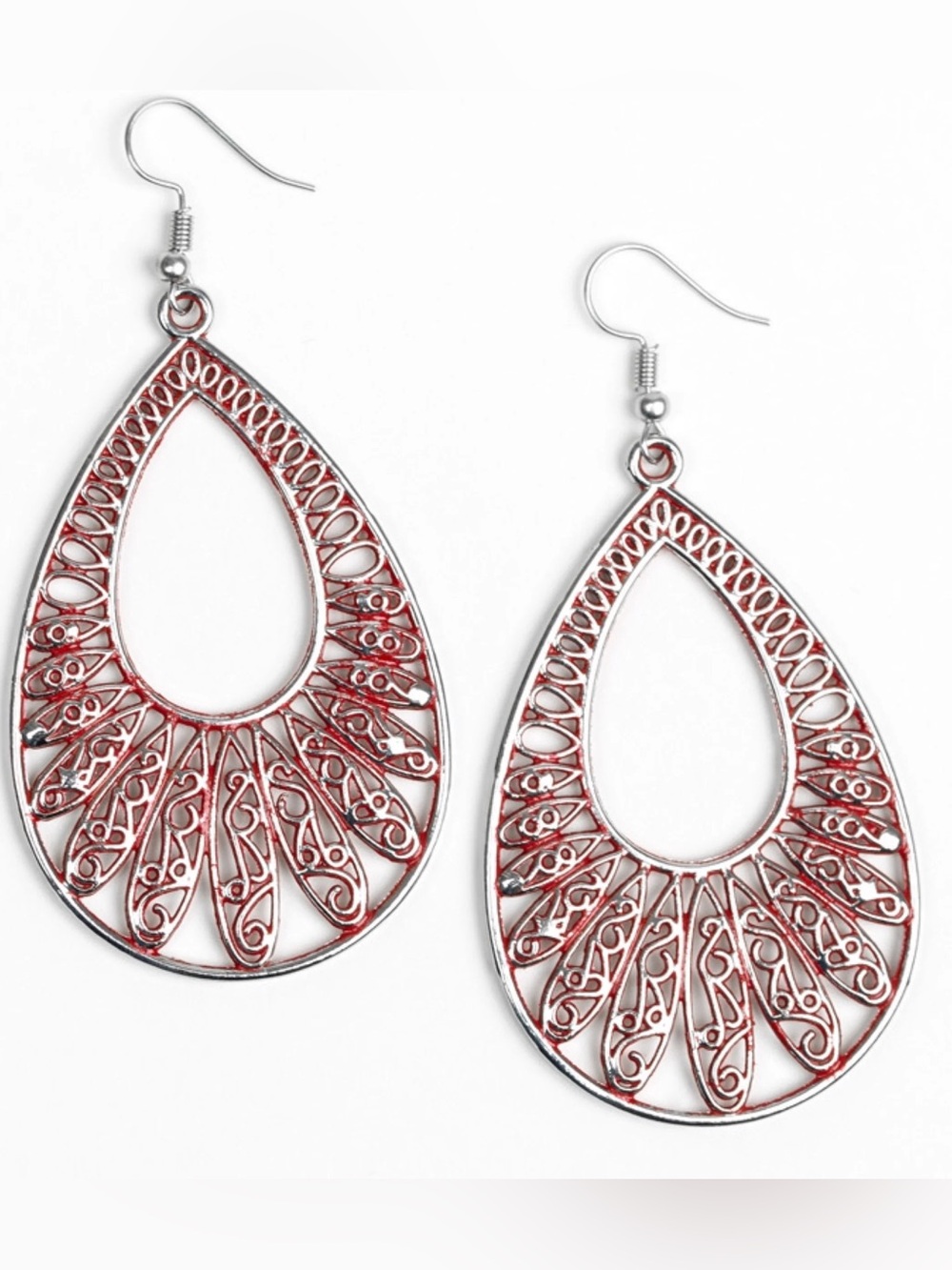 Silver-Tone & Red Filigree Teardrop Earrings